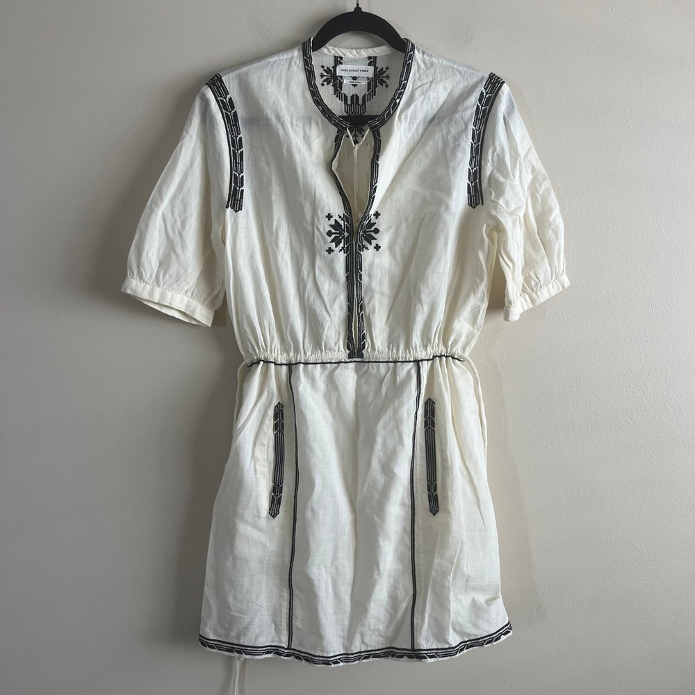 Isabel Marant Etoile Embroidered Tunic Dress US 2 Cream Black Cotton Boho